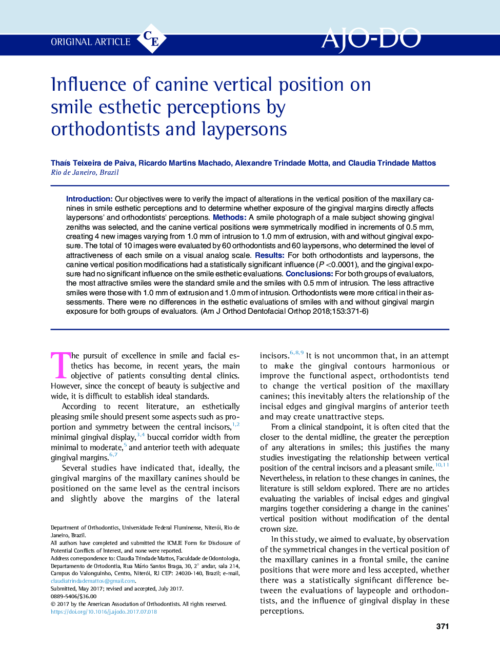 Influence of canine vertical position on smile esthetic perceptions by orthodontists and laypersons