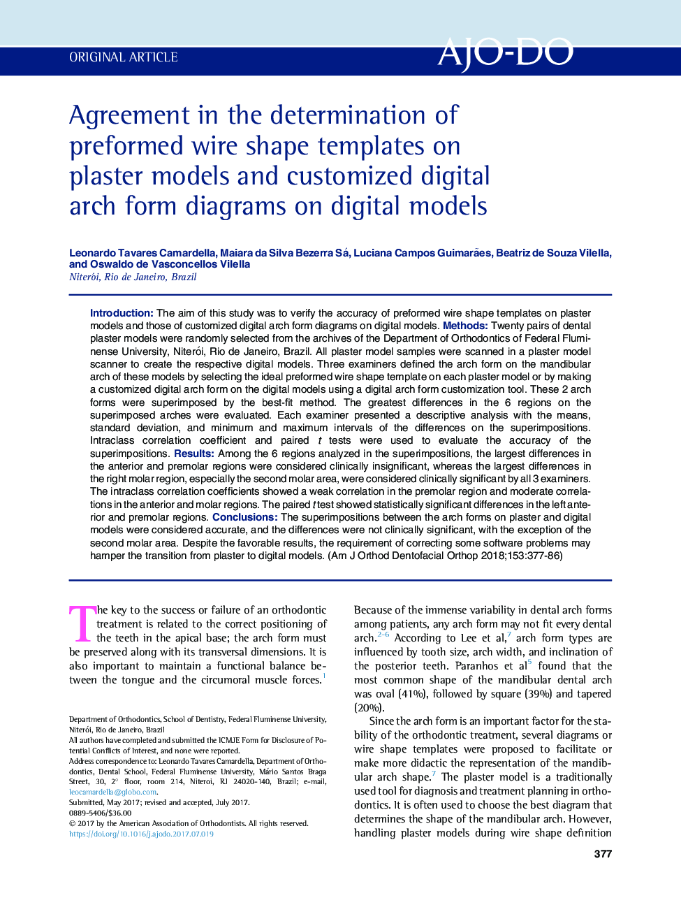 Agreement in the determination of preformed wire shape templates on plaster models and customized digital arch form diagrams on digital models