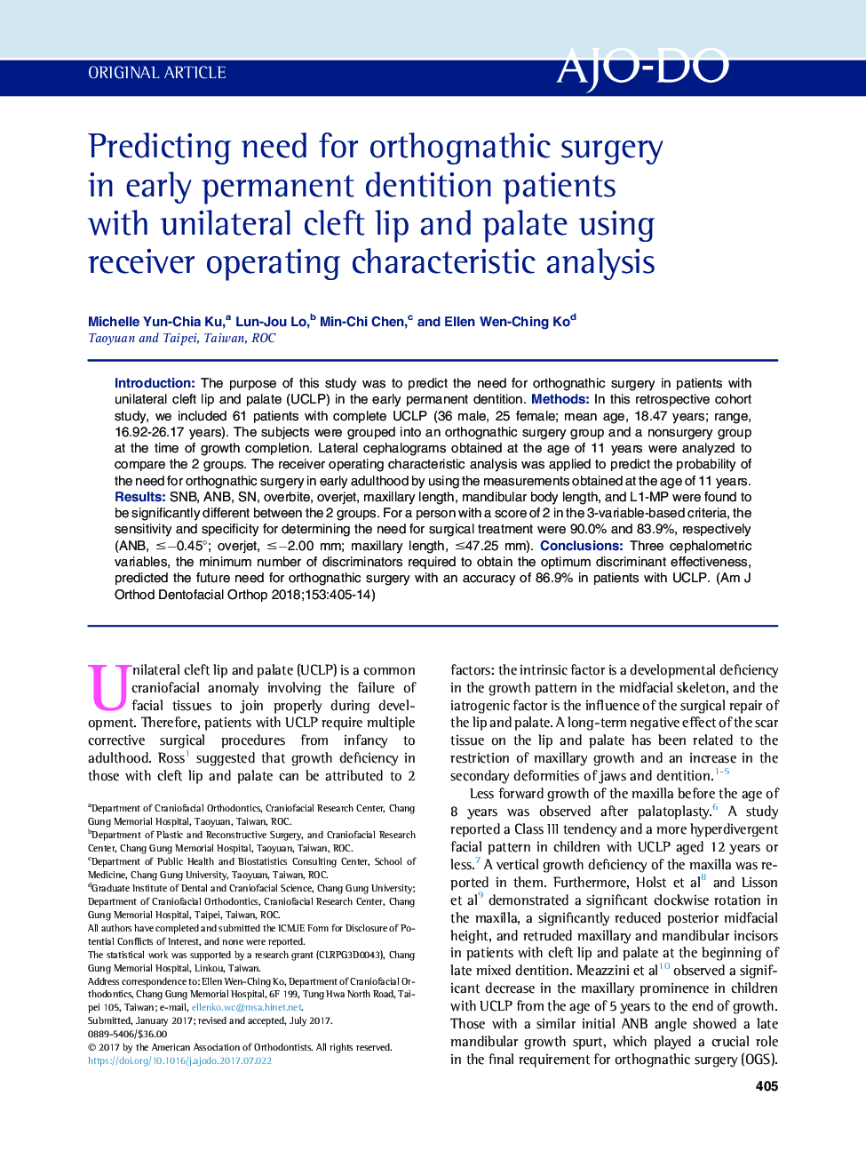 Predicting need for orthognathic surgery in early permanent dentition patients with unilateral cleft lip and palate using receiver operating characteristic analysis