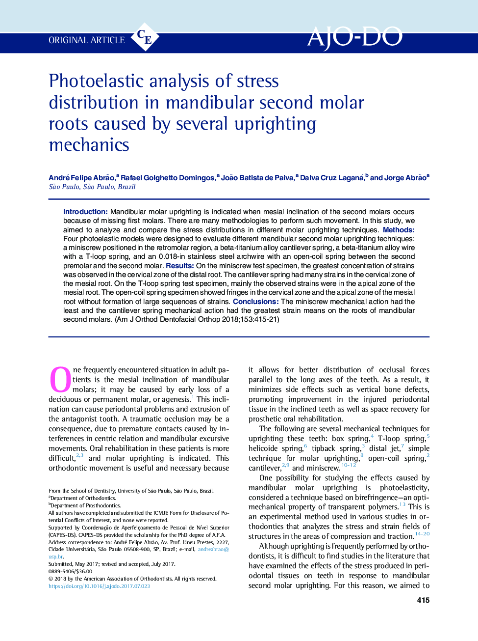 Photoelastic analysis of stress distribution in mandibular second molar roots caused by several uprighting mechanics