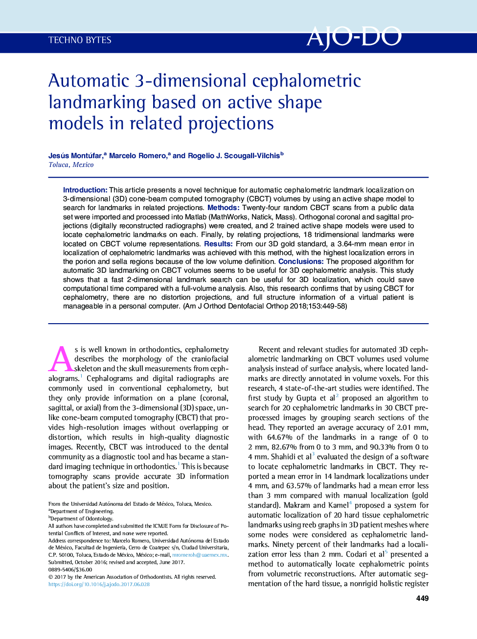 Automatic 3-dimensional cephalometric landmarking based on active shape models in related projections