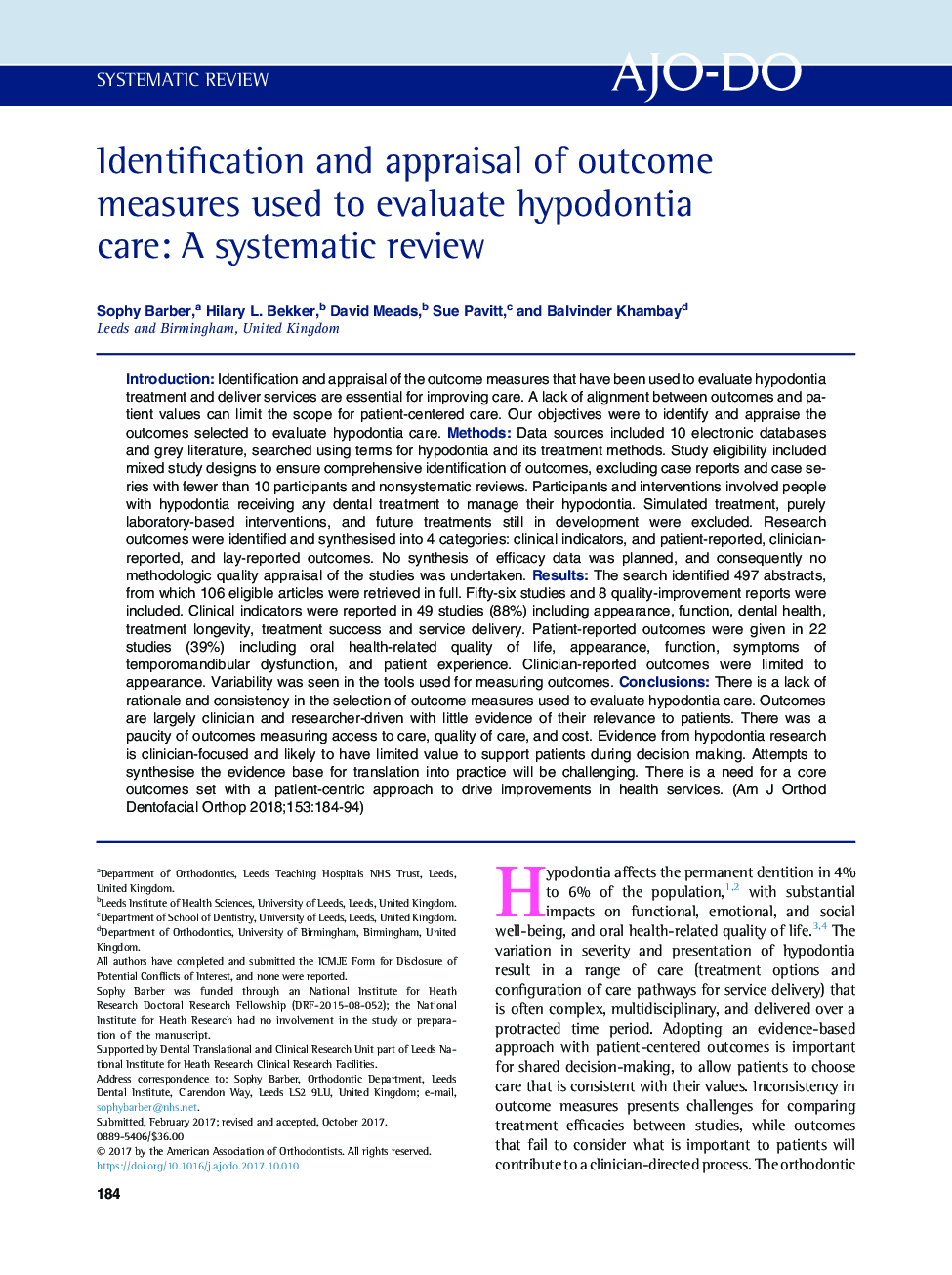 Identification and appraisal of outcome measures used to evaluate hypodontia care: A systematic review