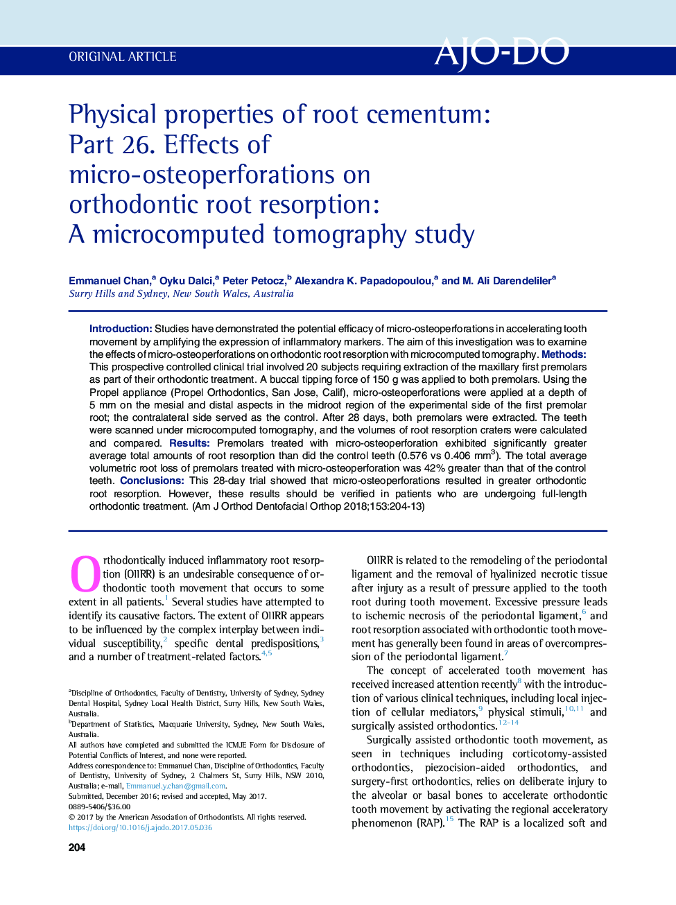 Physical properties of root cementum: Part 26. Effects of micro-osteoperforations on orthodontic root resorption: A microcomputed tomography study