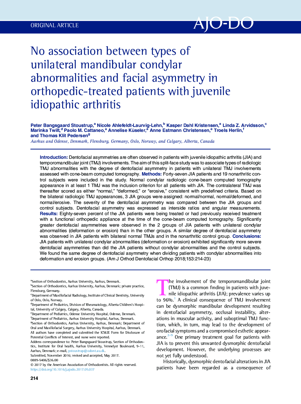 No association between types of unilateral mandibular condylar abnormalities and facial asymmetry in orthopedic-treated patients with juvenile idiopathic arthritis