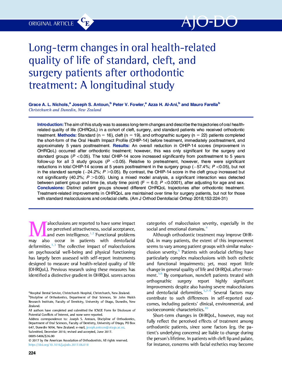 Long-term changes in oral health-related quality of life of standard, cleft, and surgery patients after orthodontic treatment: A longitudinal study