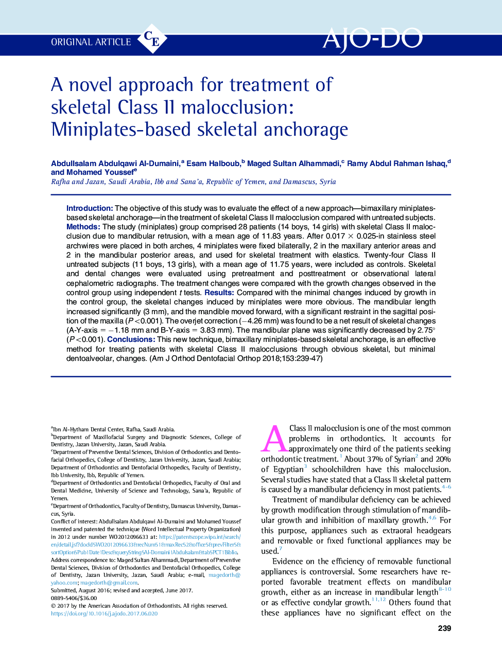 A novel approach for treatment of skeletal Class II malocclusion: Miniplates-based skeletal anchorage