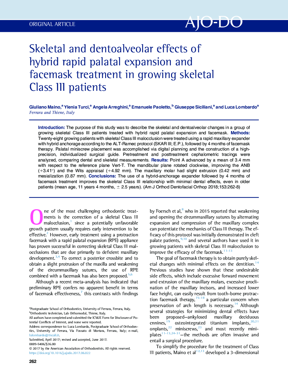 Skeletal and dentoalveolar effects of hybrid rapid palatal expansion and facemask treatment in growing skeletal Class III patients