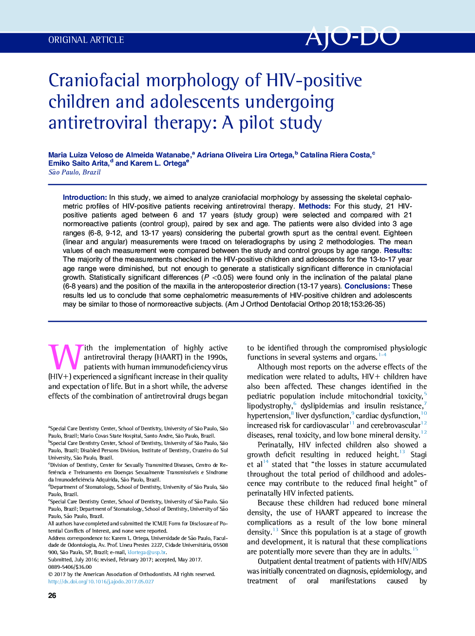 Craniofacial morphology of HIV-positive children and adolescents undergoing antiretroviral therapy: A pilot study