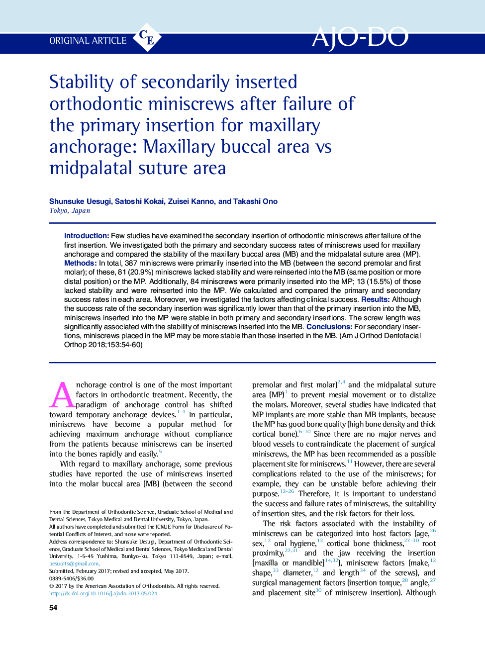 Stability of secondarily inserted orthodontic miniscrews after failure of the primary insertion for maxillary anchorage: Maxillary buccal area vs midpalatal suture area