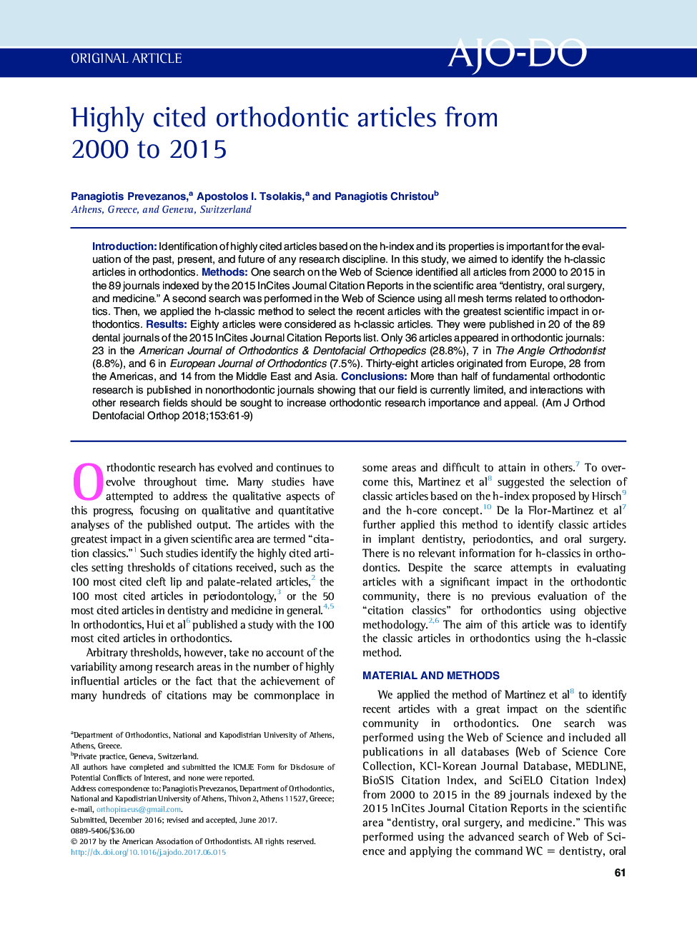 Highly cited orthodontic articles from 2000 to 2015