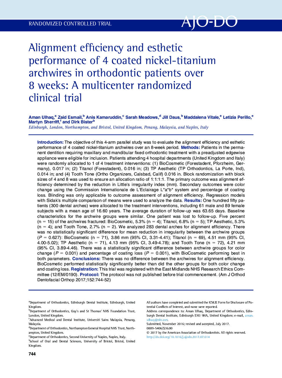 Alignment efficiency and esthetic performance of 4 coated nickel-titanium archwires in orthodontic patients over 8Â weeks: A multicenter randomized clinical trial