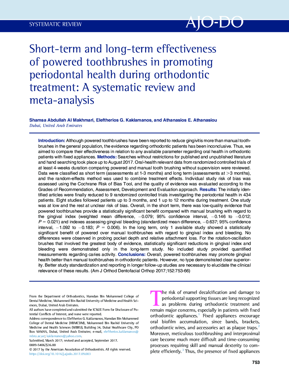 Short-term and long-term effectiveness of powered toothbrushes in promoting periodontal health during orthodontic treatment: A systematic review and meta-analysis