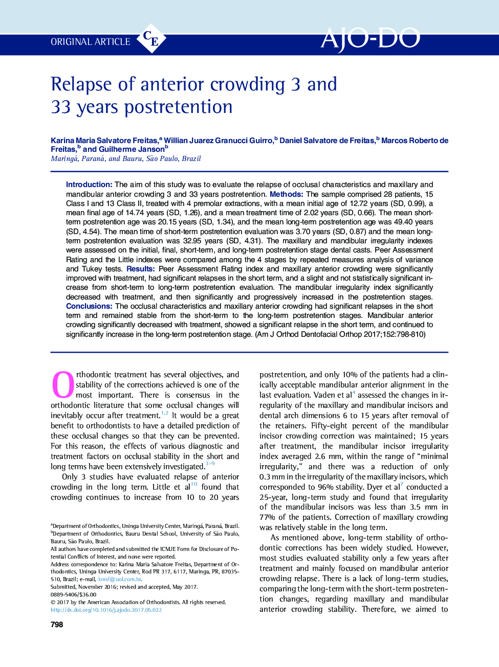 Relapse of anterior crowding 3 and 33Â years postretention