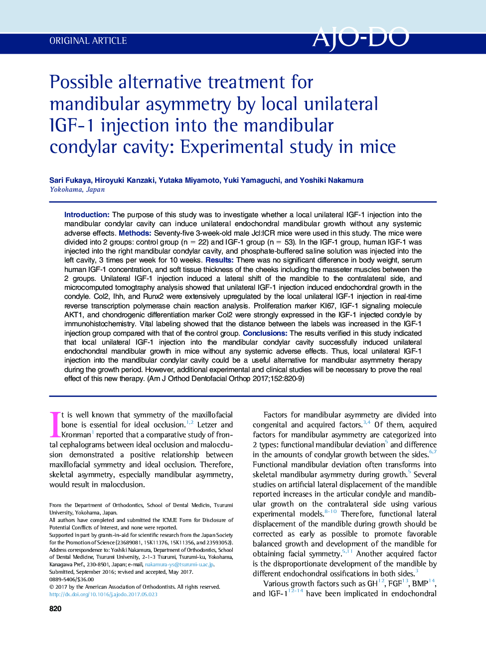 Possible alternative treatment for mandibular asymmetry by local unilateral IGF-1 injection into the mandibular condylar cavity: Experimental study in mice