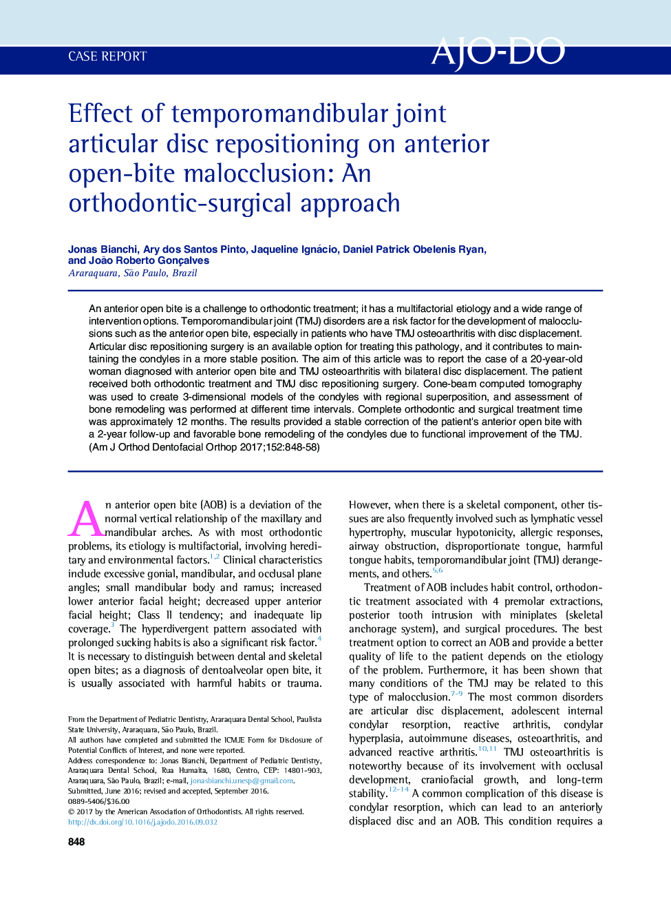 Effect of temporomandibular joint articular disc repositioning on anterior open-bite malocclusion: An orthodontic-surgical approach