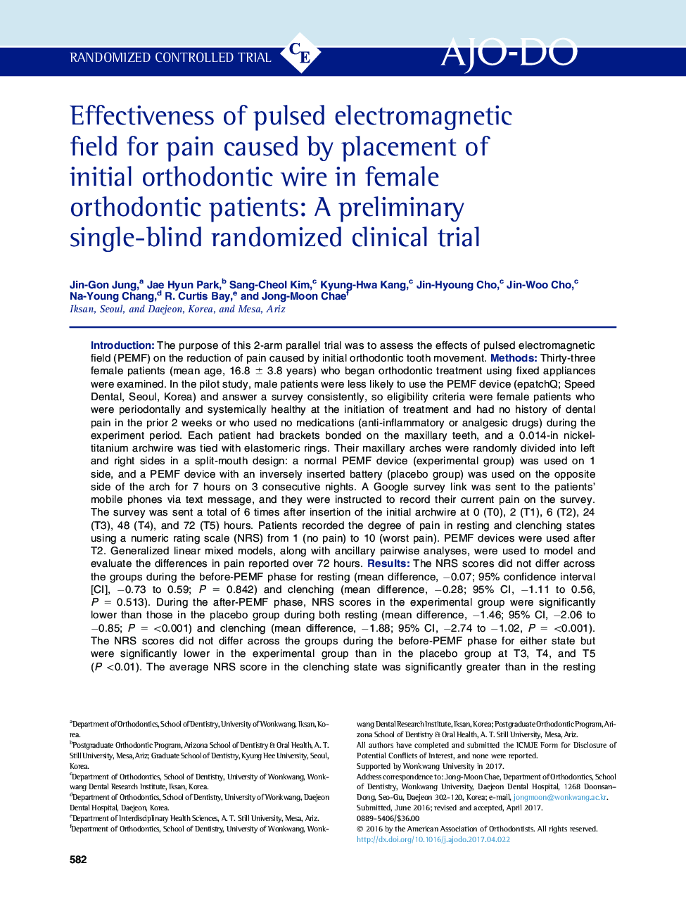Effectiveness of pulsed electromagnetic field for pain caused by placement of initial orthodontic wire in female orthodontic patients: A preliminary single-blind randomized clinical trial