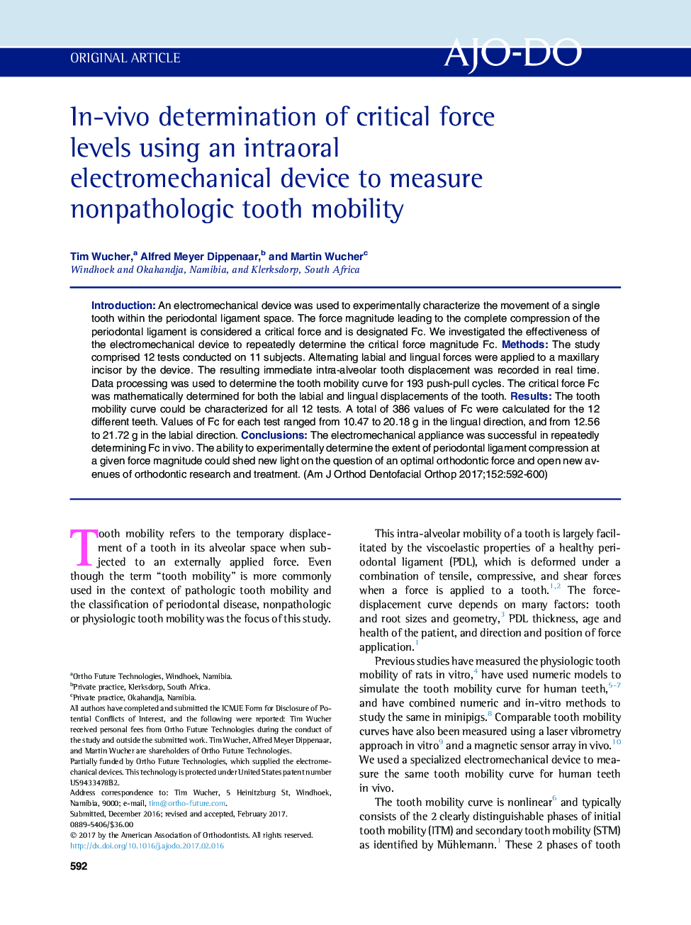 In-vivo determination of critical force levels using an intraoral electromechanical device to measure nonpathologic tooth mobility