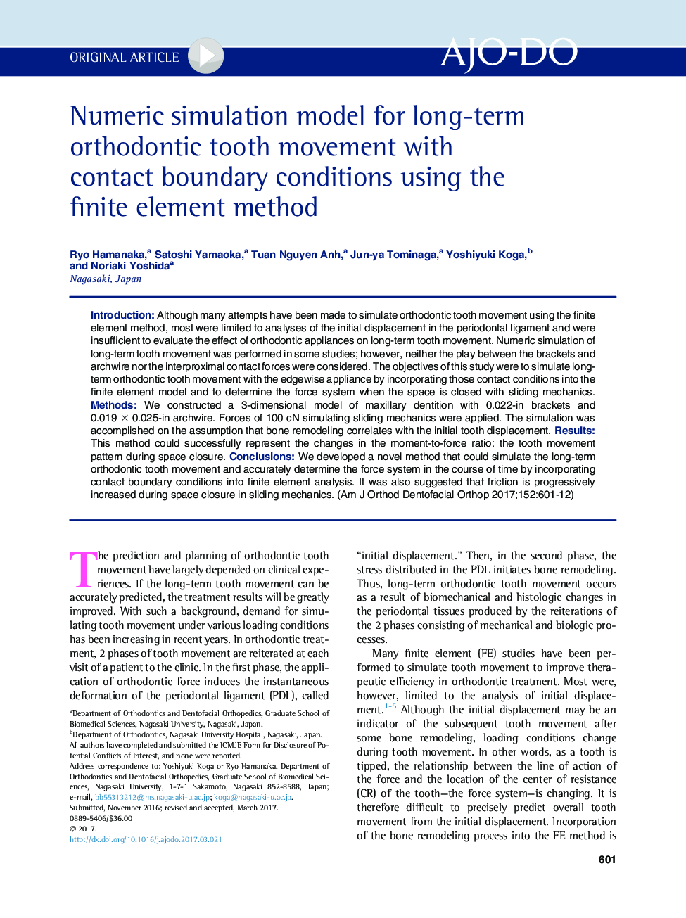Numeric simulation model for long-term orthodontic tooth movement with contact boundary conditions using the finite element method