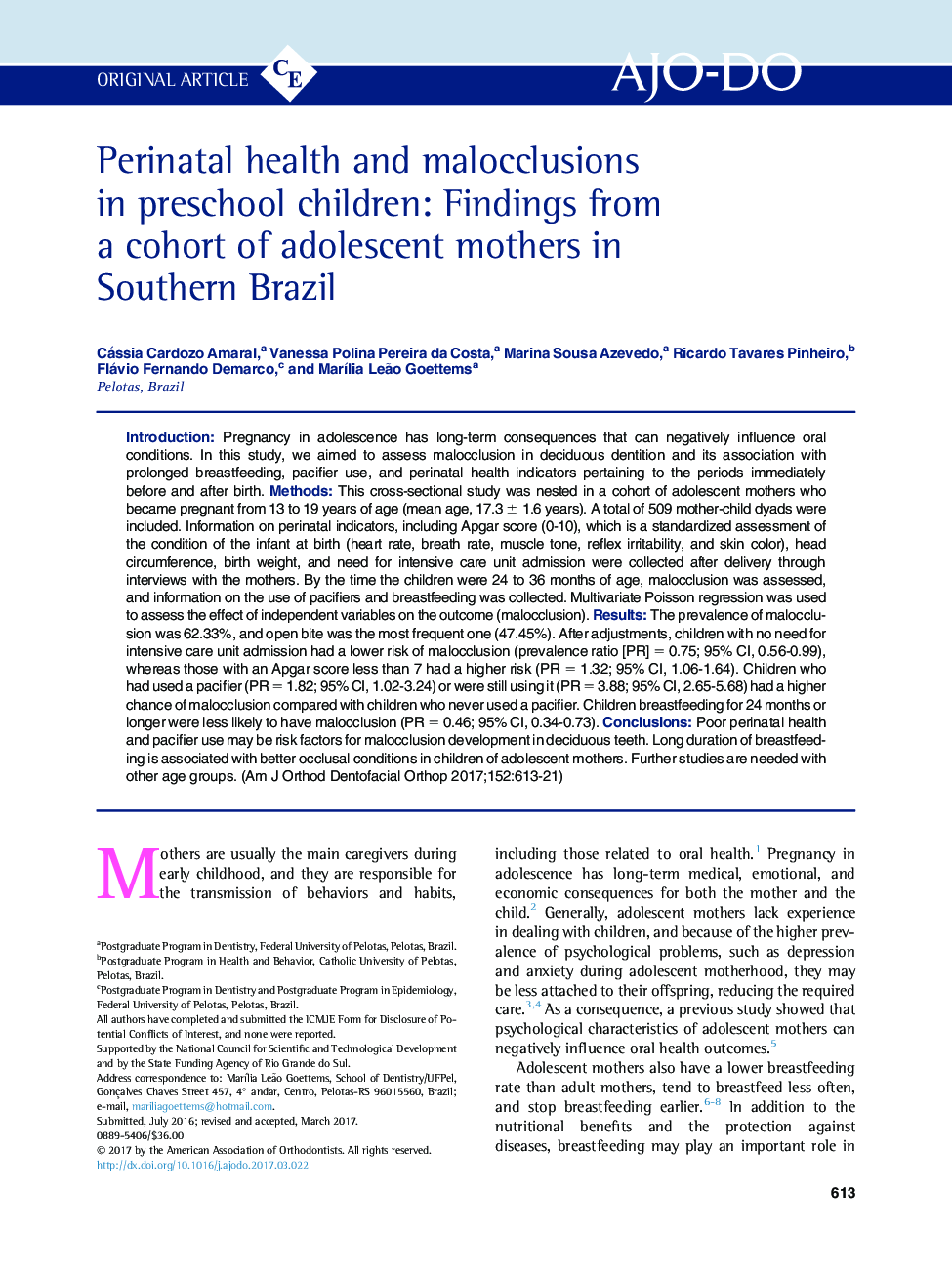 Perinatal health and malocclusions in preschool children: Findings from a cohort of adolescent mothers in Southern Brazil