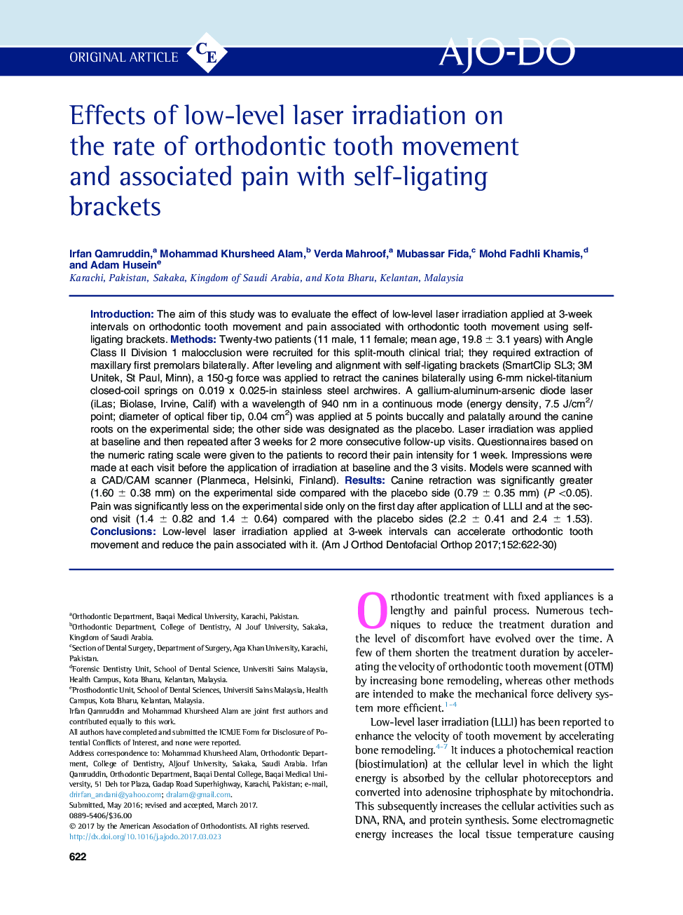 Effects of low-level laser irradiation on the rate of orthodontic tooth movement and associated pain with self-ligating brackets