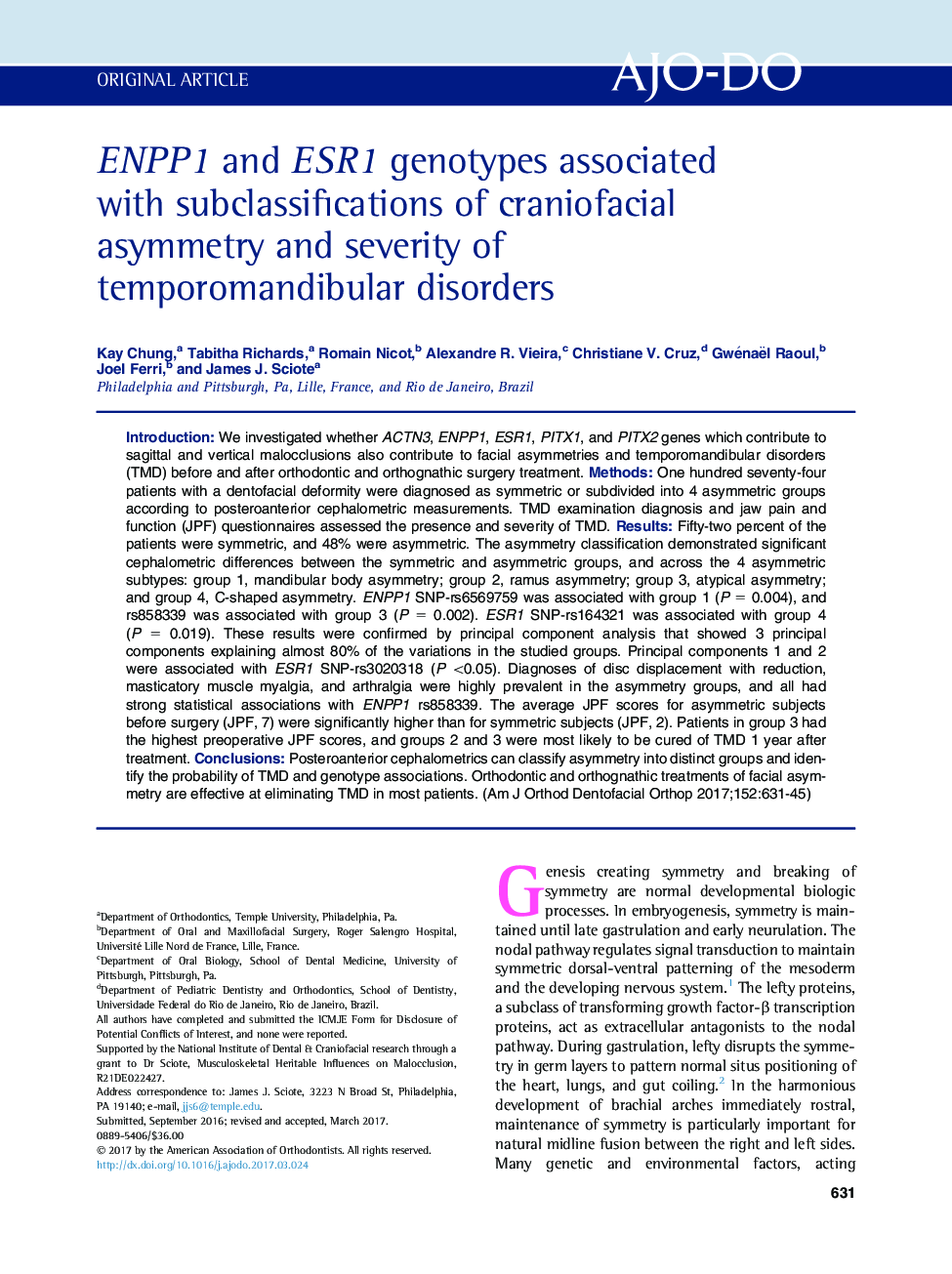 ENPP1 and ESR1 genotypes associated with subclassifications of craniofacial asymmetry and severity of temporomandibular disorders