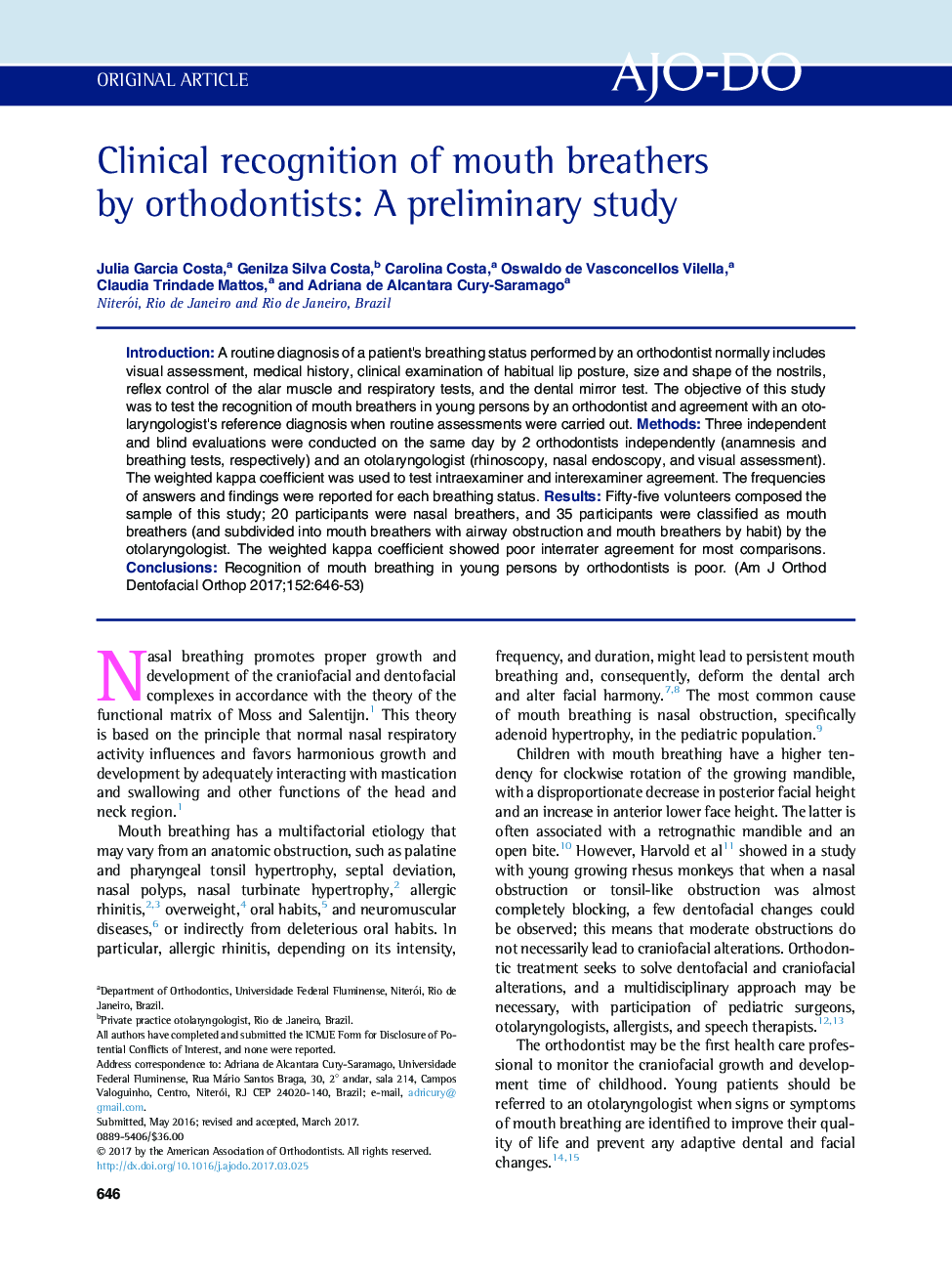 Clinical recognition of mouth breathers by orthodontists: A preliminary study