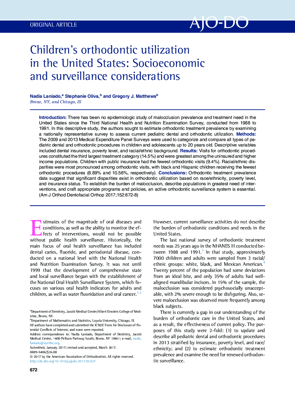 Children's orthodontic utilization in the United States: Socioeconomic and surveillance considerations