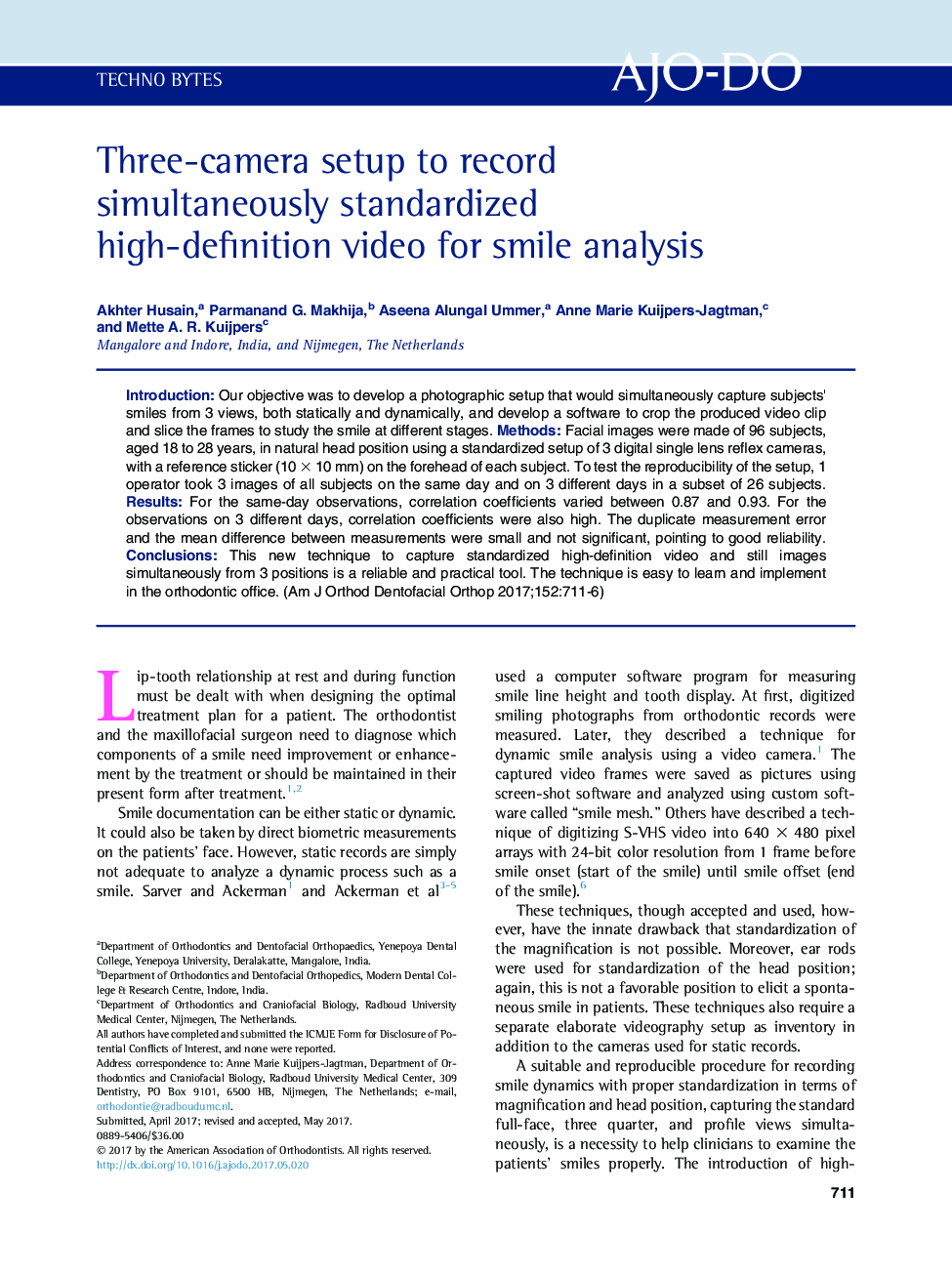 Three-camera setup to record simultaneously standardized high-definition video for smile analysis