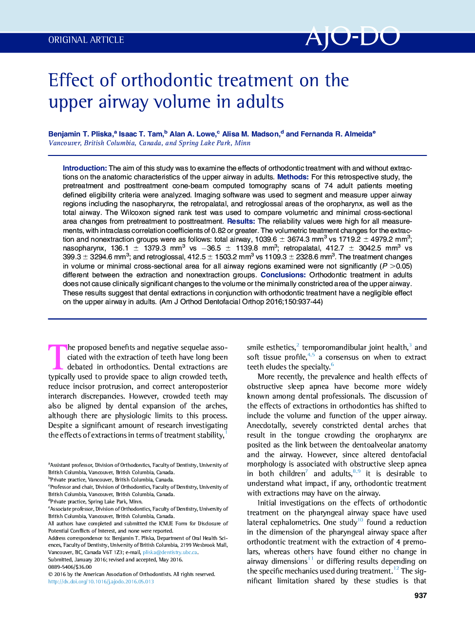 Effect of orthodontic treatment on the upper airway volume in adults