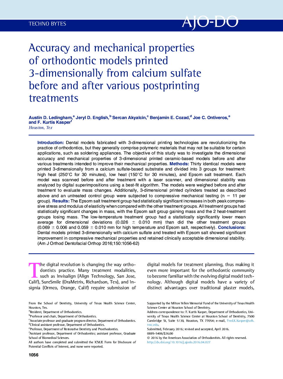 Accuracy and mechanical properties ofÂ orthodontic models printed 3-dimensionally from calcium sulfate before and after various postprinting treatments