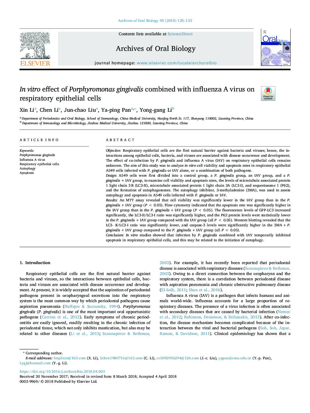 In vitro effect of Porphyromonas gingivalis combined with influenza A virus on respiratory epithelial cells