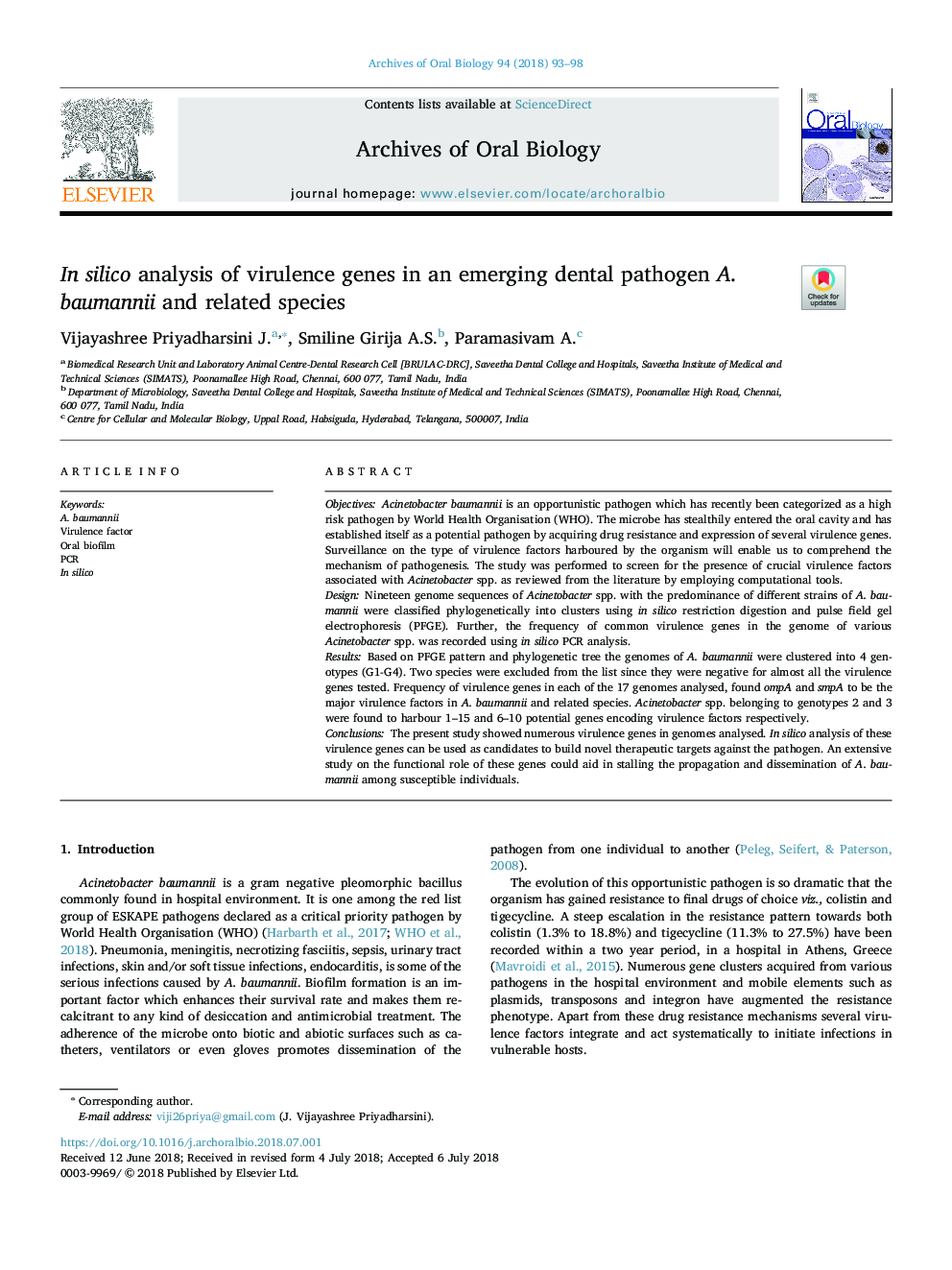 In silico analysis of virulence genes in an emerging dental pathogen A. baumannii and related species