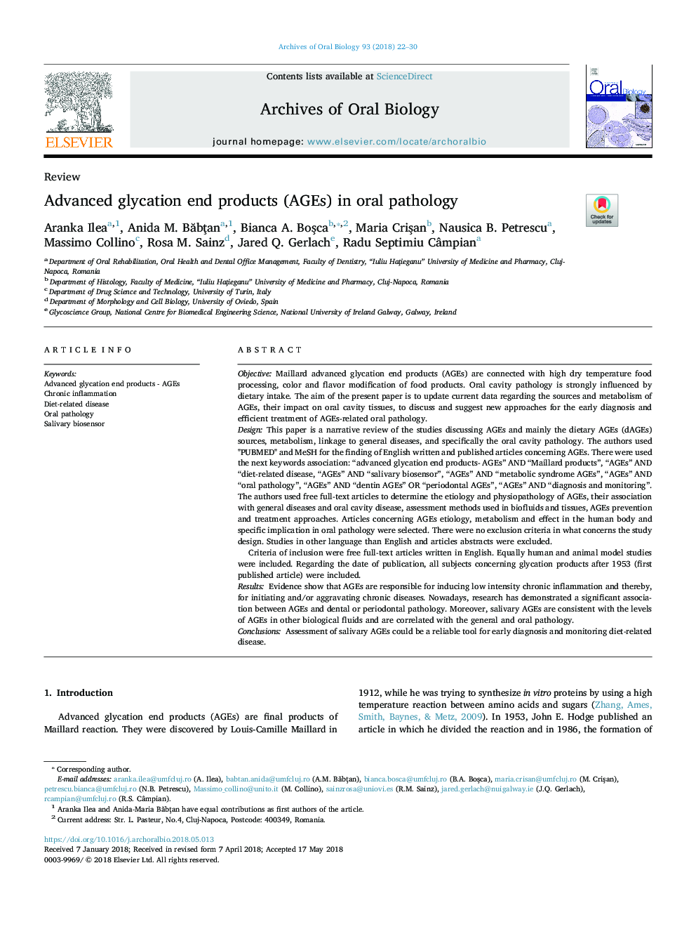 Advanced glycation end products (AGEs) in oral pathology