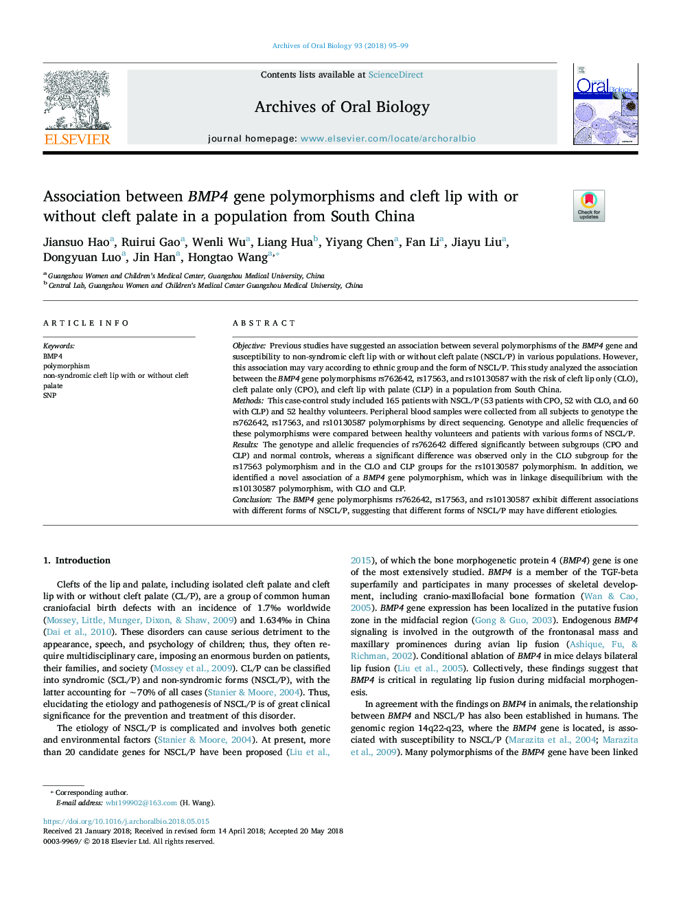 Association between BMP4 gene polymorphisms and cleft lip with or without cleft palate in a population from South China