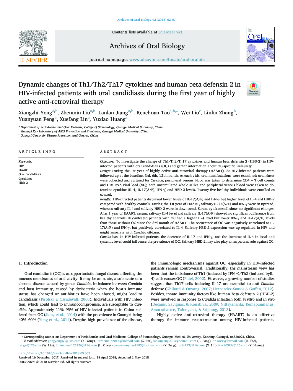 Dynamic changes of Th1/Th2/Th17 cytokines and human beta defensin 2 in HIV-infected patients with oral candidiasis during the first year of highly active anti-retroviral therapy