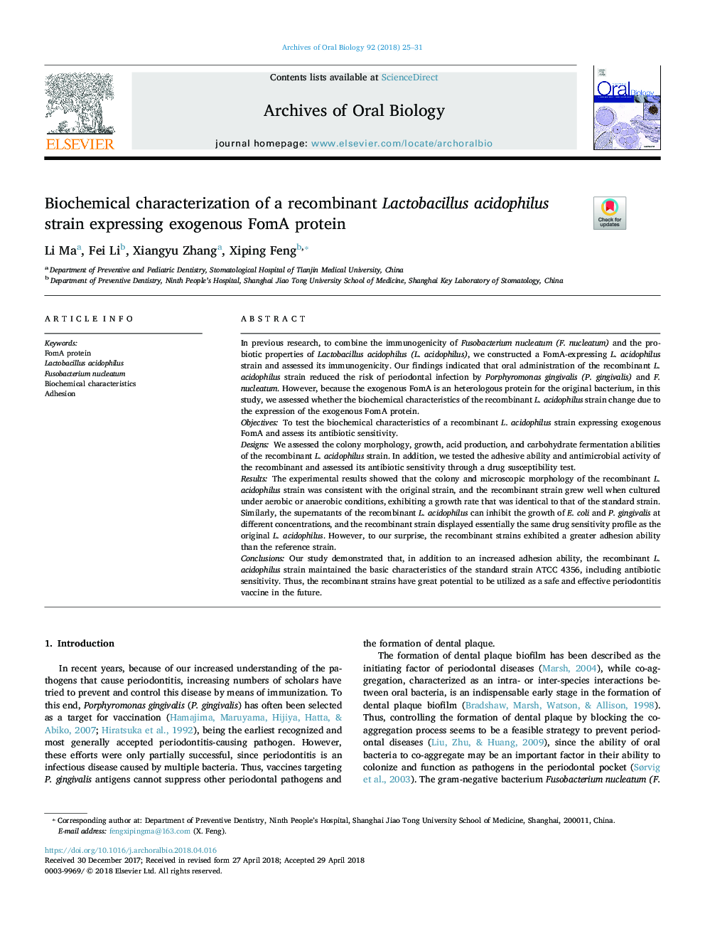 Biochemical characterization of a recombinant Lactobacillus acidophilus strain expressing exogenous FomA protein