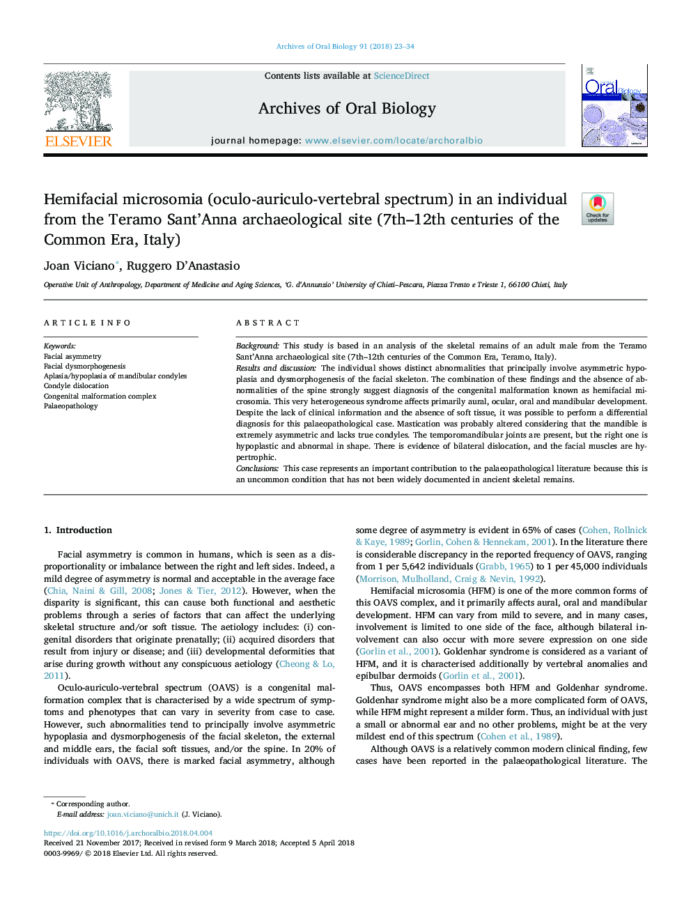 Hemifacial microsomia (oculo-auriculo-vertebral spectrum) in an individual from the Teramo Sant'Anna archaeological site (7th-12th centuries of the Common Era, Italy)