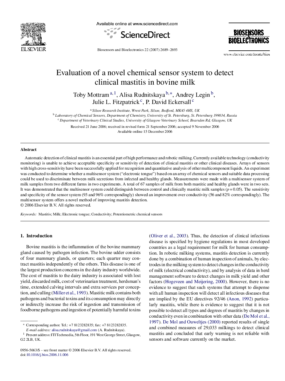 Evaluation of a novel chemical sensor system to detect clinical mastitis in bovine milk