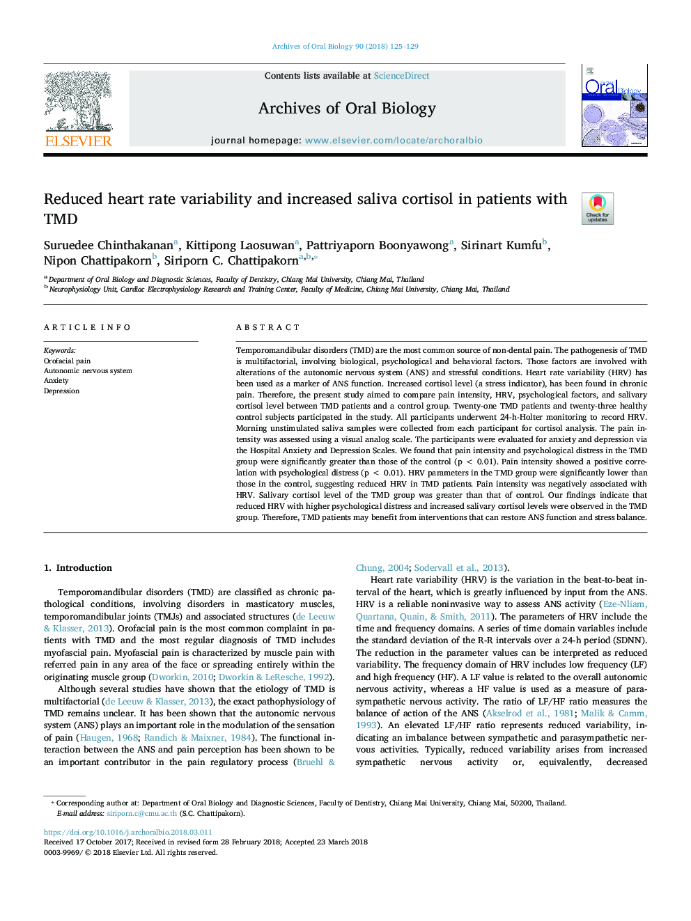 Reduced heart rate variability and increased saliva cortisol in patients with TMD