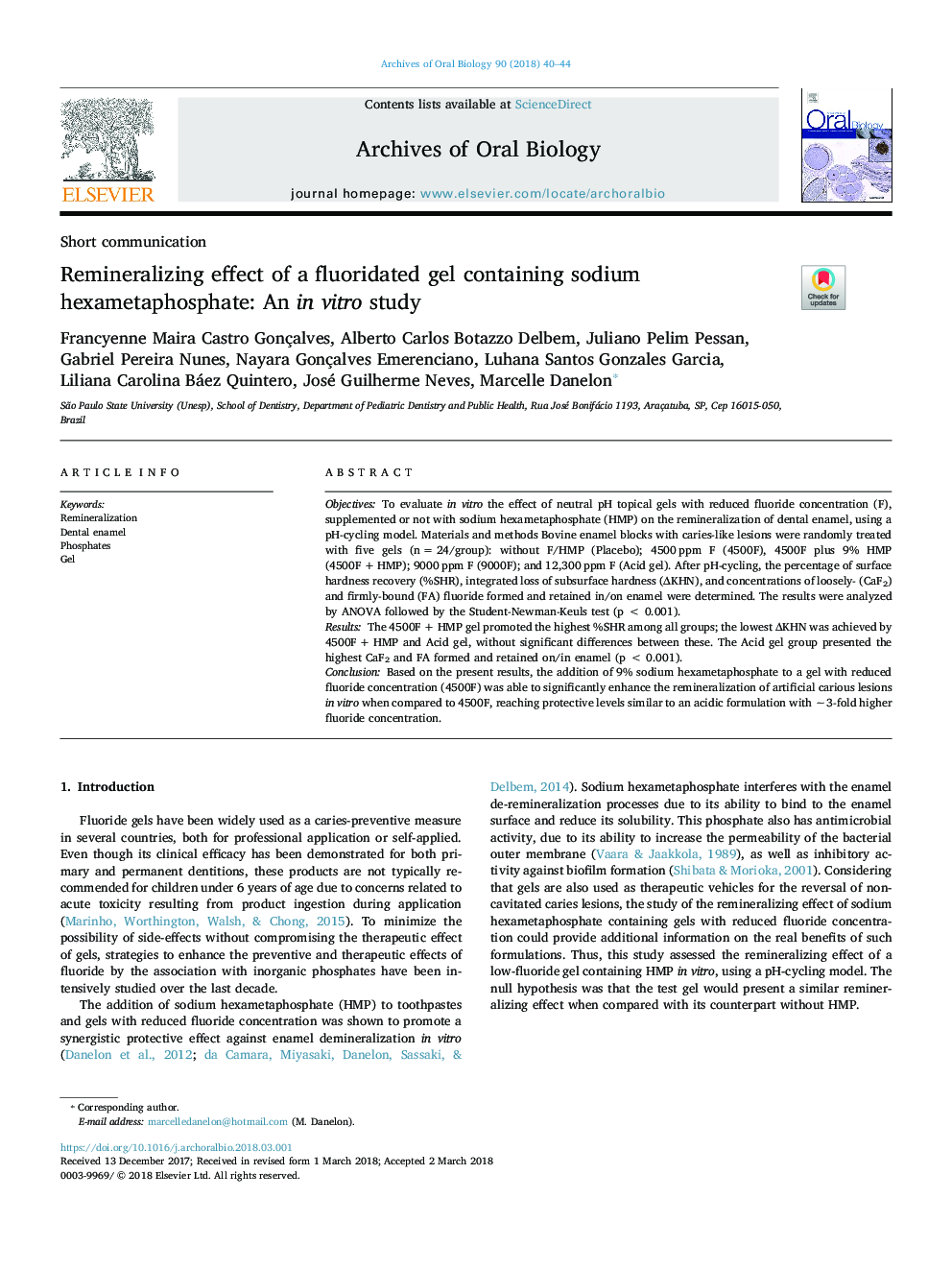 Remineralizing effect of a fluoridated gel containing sodium hexametaphosphate: An in vitro study