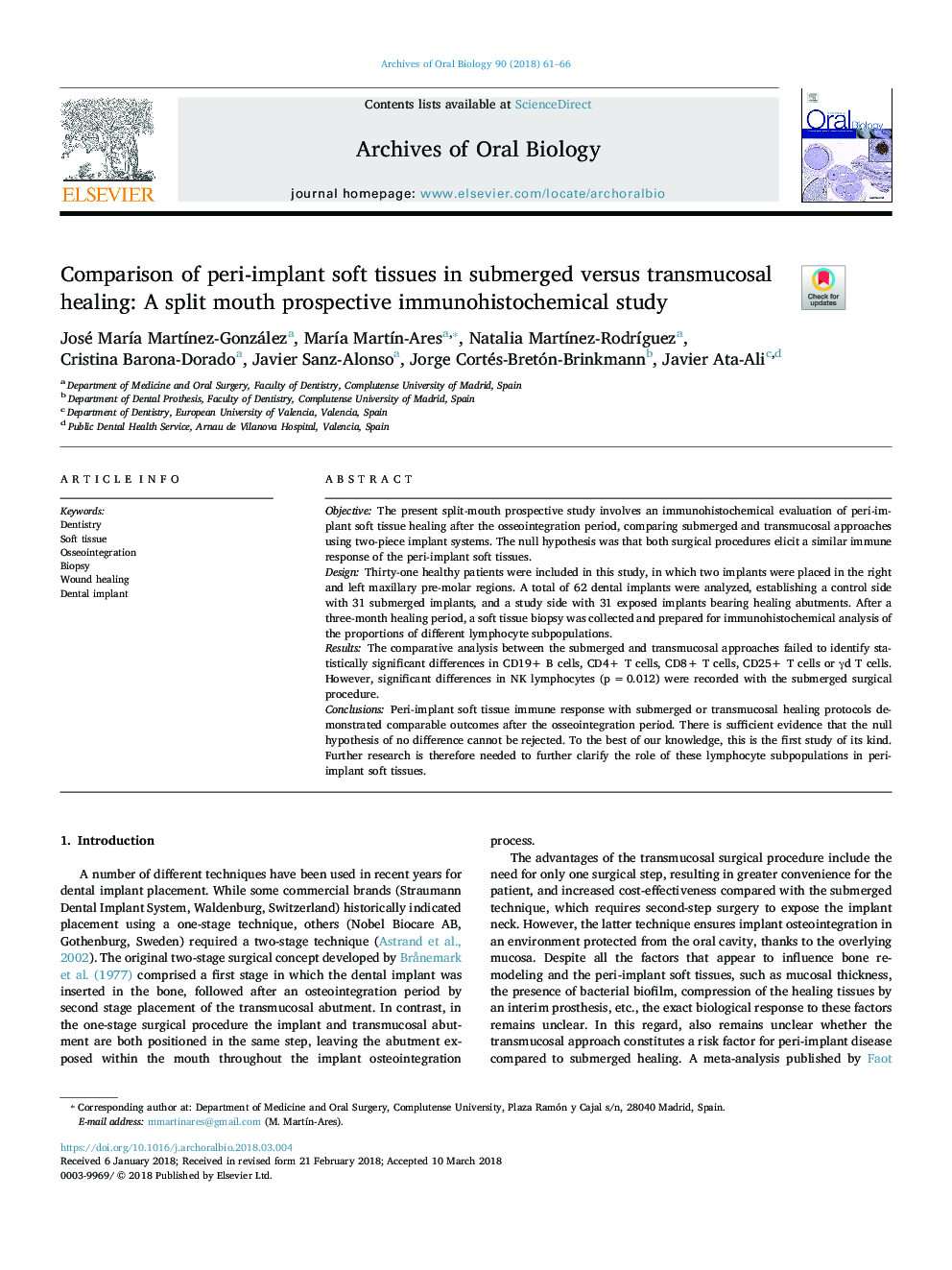 Comparison of peri-implant soft tissues in submerged versus transmucosal healing: A split mouth prospective immunohistochemical study