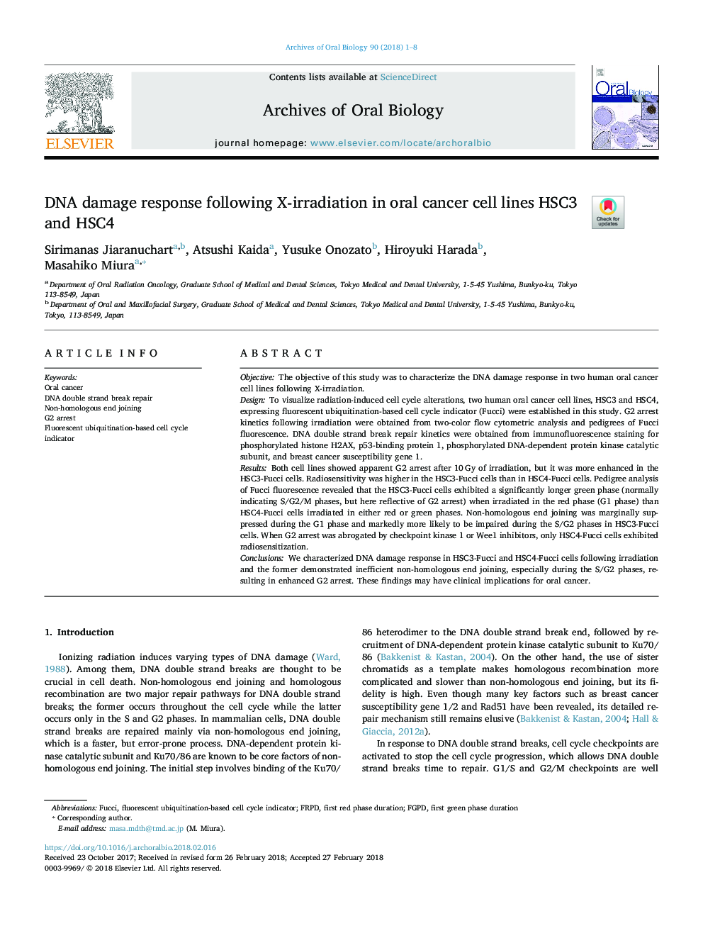 DNA damage response following X-irradiation in oral cancer cell lines HSC3 and HSC4