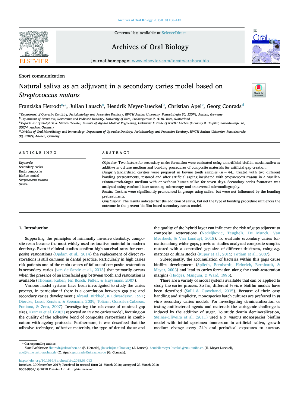 Natural saliva as an adjuvant in a secondary caries model based on Streptococcus mutans