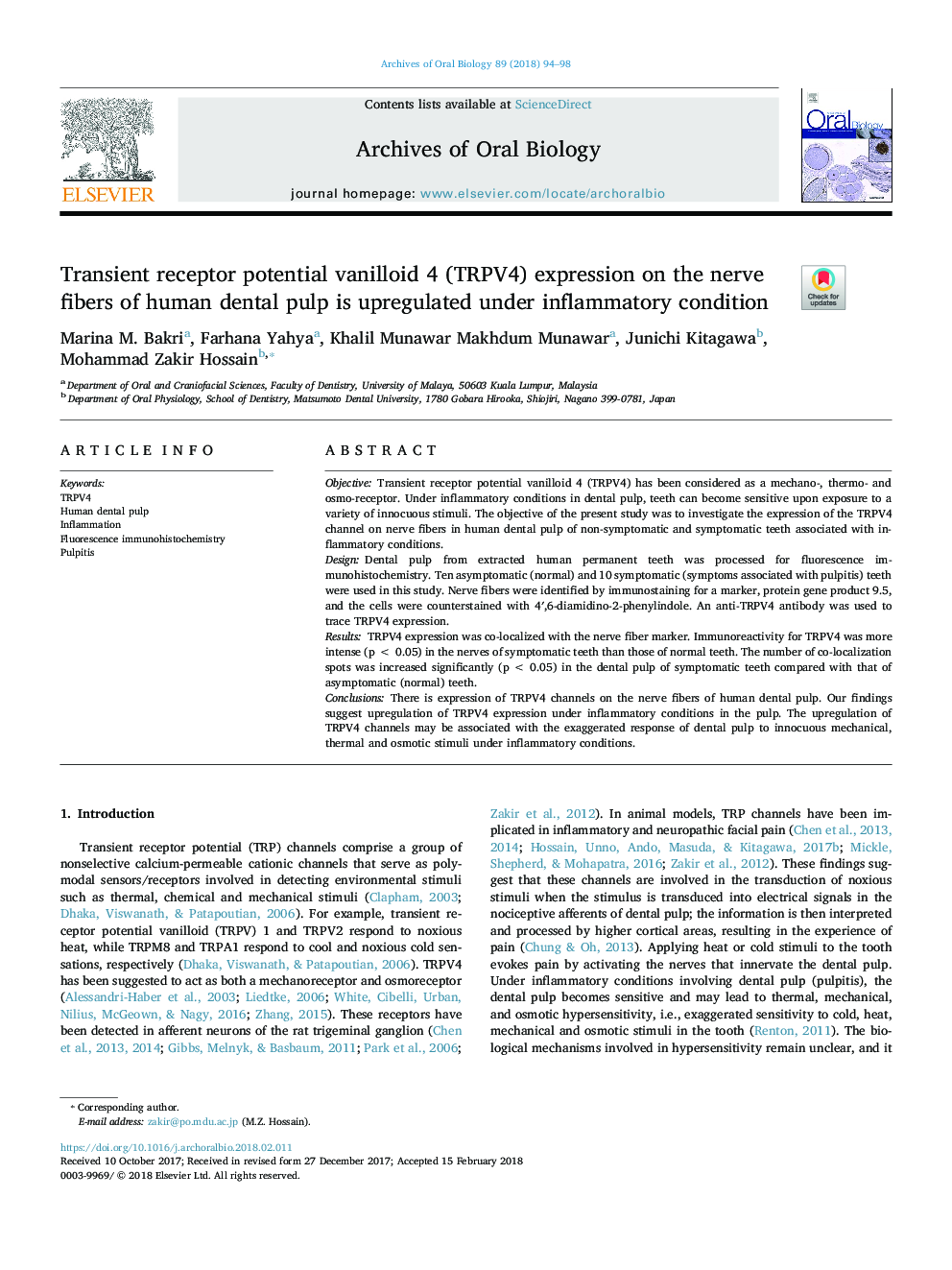 Transient receptor potential vanilloid 4 (TRPV4) expression on the nerve fibers of human dental pulp is upregulated under inflammatory condition