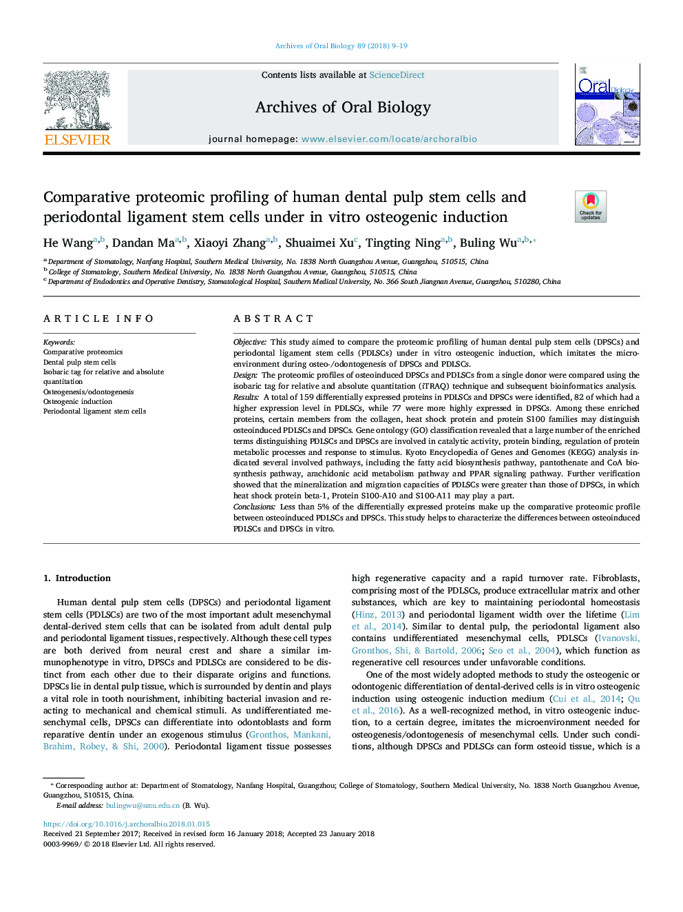 Comparative proteomic profiling of human dental pulp stem cells and periodontal ligament stem cells under in vitro osteogenic induction