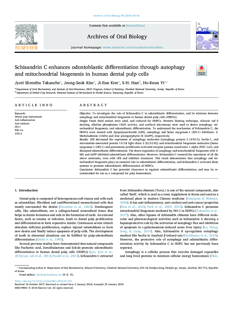 Schisandrin C enhances odontoblastic differentiation through autophagy and mitochondrial biogenesis in human dental pulp cells