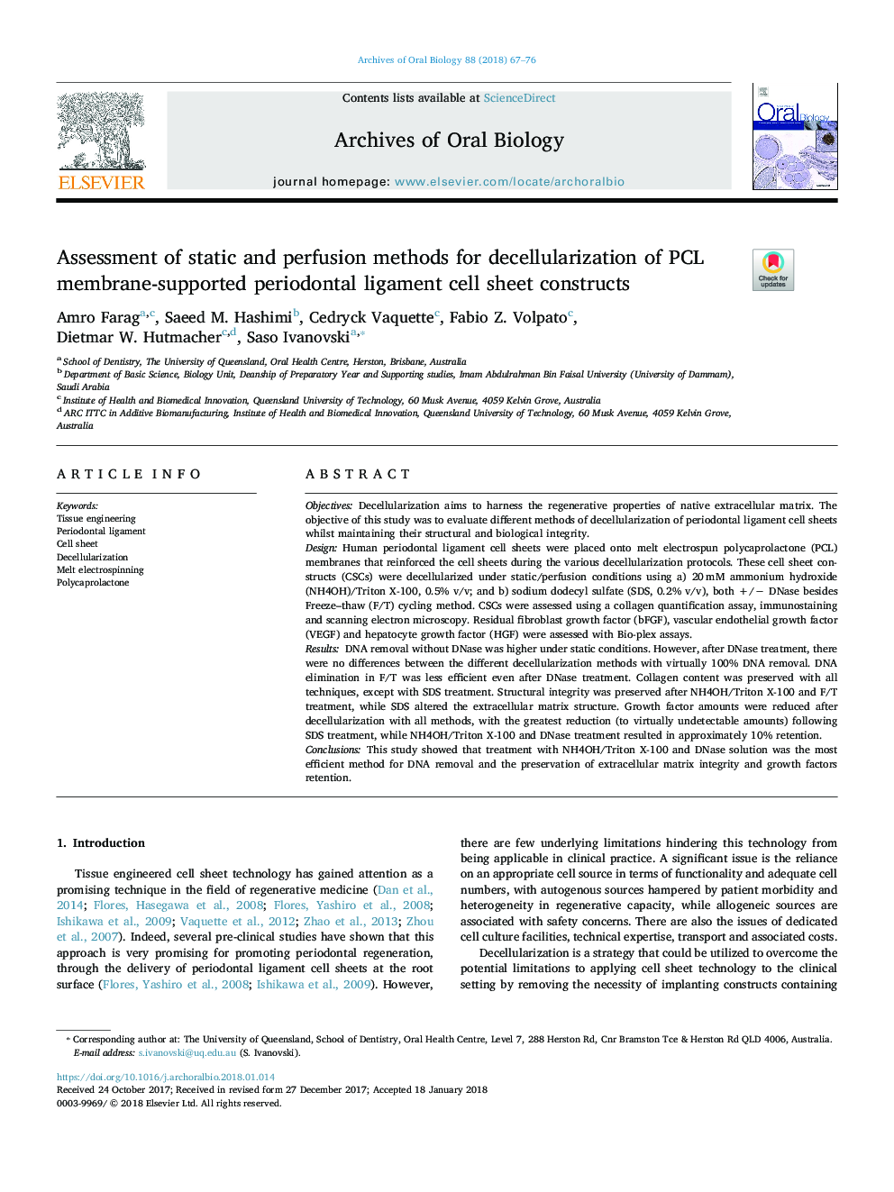 Assessment of static and perfusion methods for decellularization of PCL membrane-supported periodontal ligament cell sheet constructs