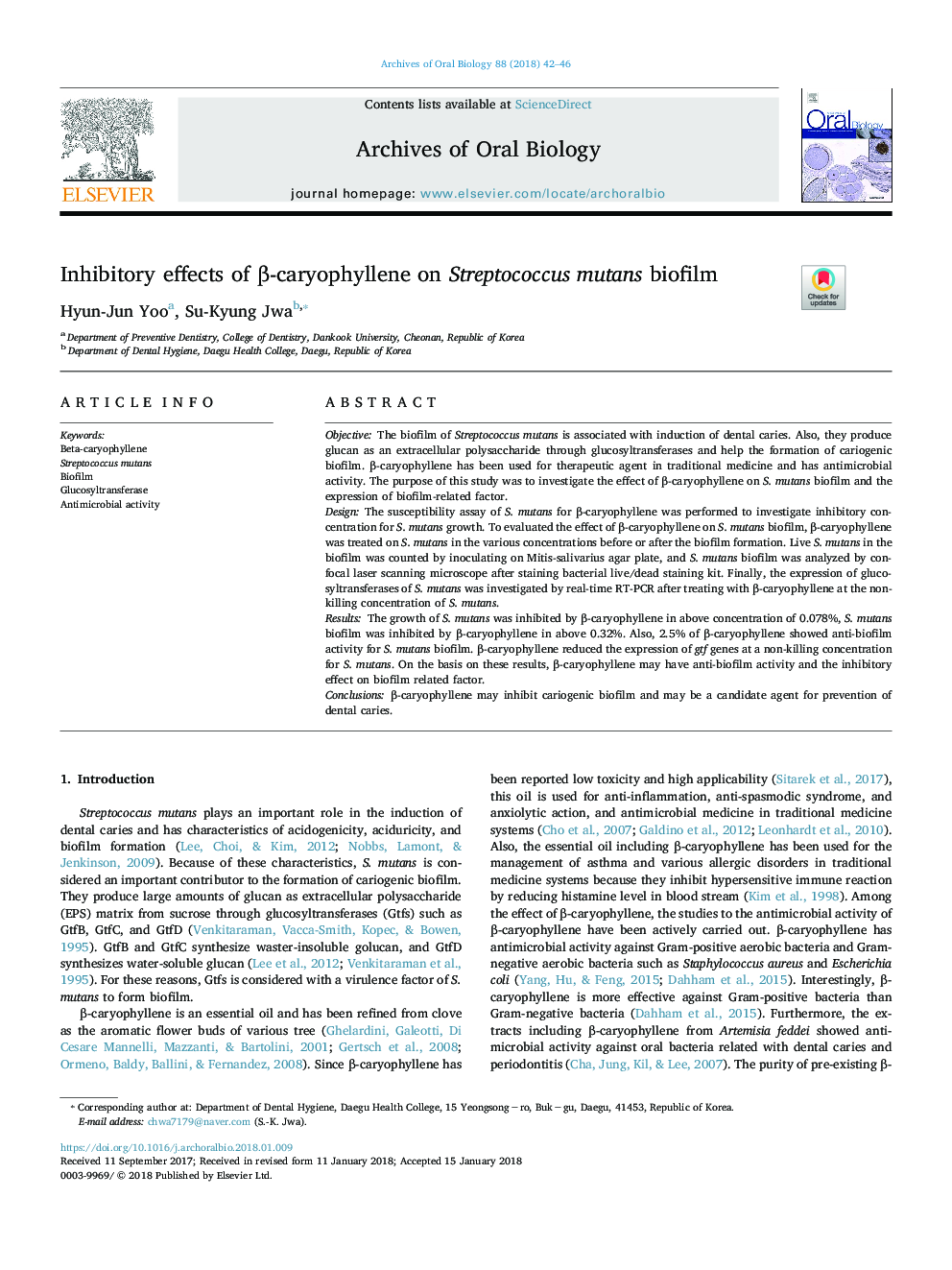 Inhibitory effects of Î²-caryophyllene on Streptococcus mutans biofilm