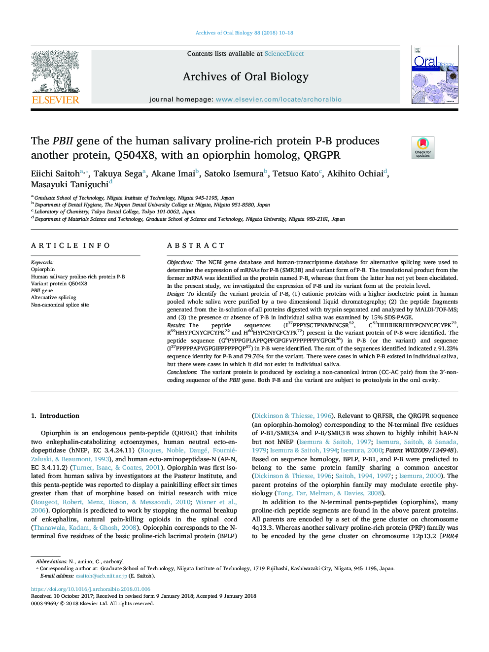 The PBII gene of the human salivary proline-rich protein P-B produces another protein, Q504X8, with an opiorphin homolog, QRGPR