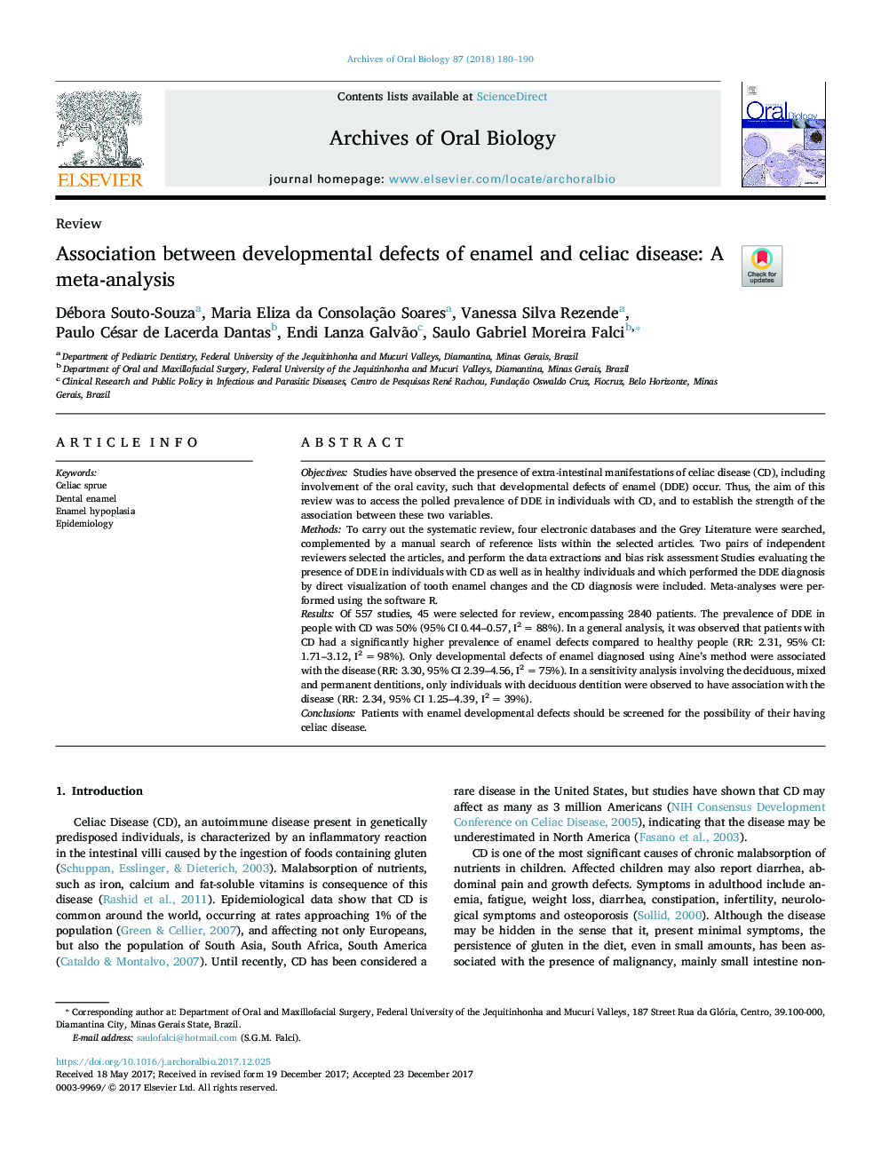 Association between developmental defects of enamel and celiac disease: A meta-analysis